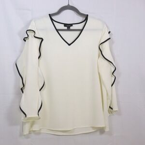 Alfani Ruffle Sleeve Blouse PXL White Womens V-Neck Contrast Trim Top‎